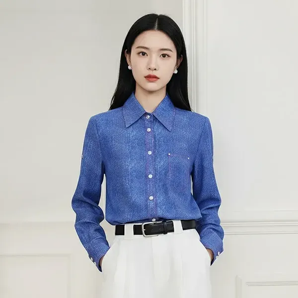Thumbnail of Chic Blue Color Button-Up Women Blouse Top