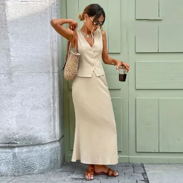 Thumbnail of Retro Style Women's Casual Summer Vest and Long Skirt 2-Piece Set