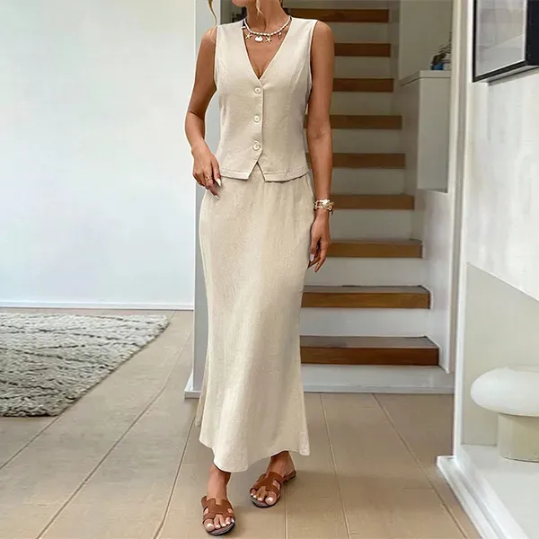 Retro Style Women's Casual Summer Vest and Long Skirt 2-Piece Set
