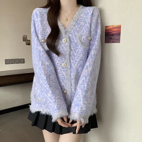 Thumbnail of Fringed V-Neck Knit Cardigan with Pearl Buttons