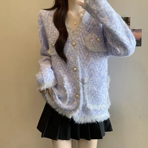 Thumbnail of Fringed V-Neck Knit Cardigan with Pearl Buttons