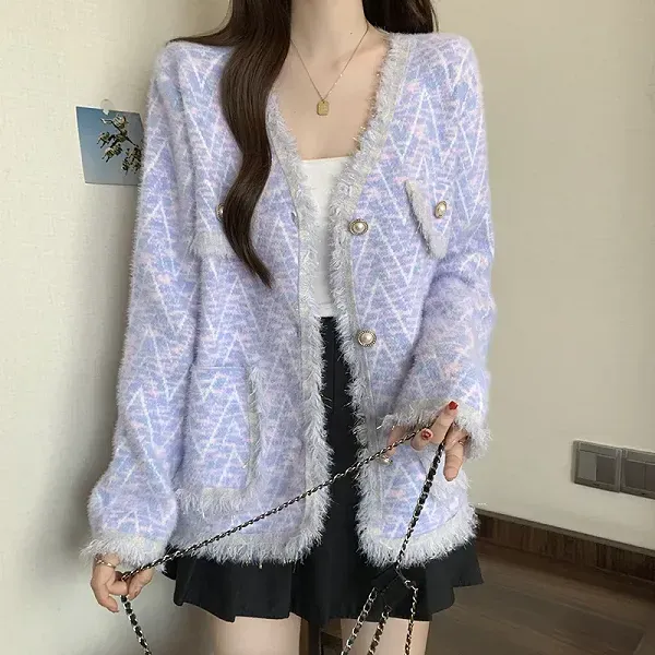 Fringed V-Neck Knit Cardigan with Pearl Buttons