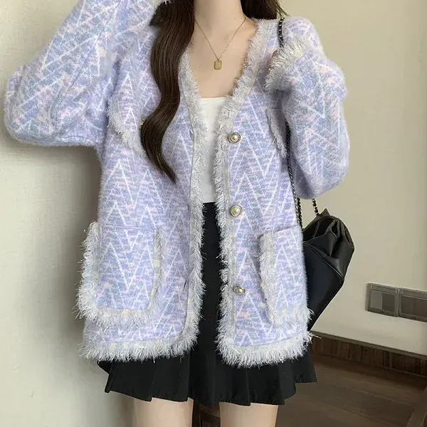 Fringed V-Neck Knit Cardigan with Pearl Buttons