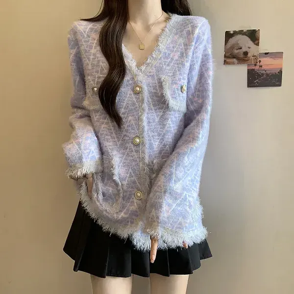 Fringed V-Neck Knit Cardigan with Pearl Buttons