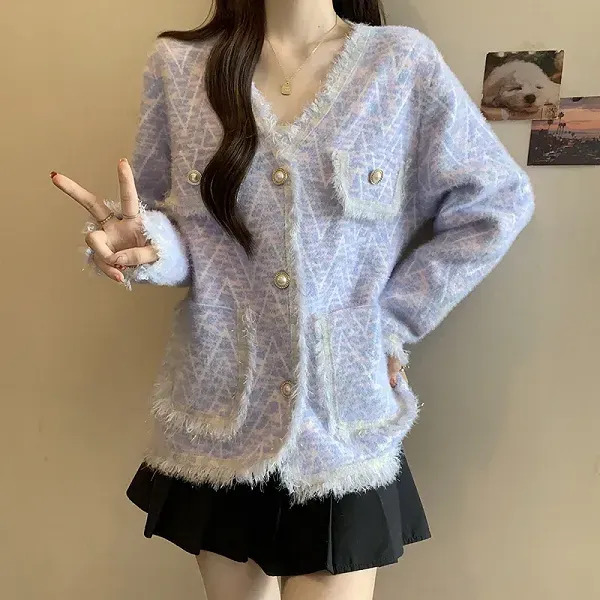 Thumbnail of Fringed V-Neck Knit Cardigan with Pearl Buttons