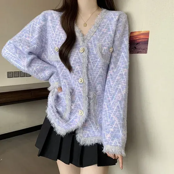 Thumbnail of Fringed V-Neck Knit Cardigan with Pearl Buttons