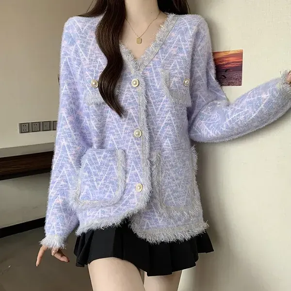 Thumbnail of Fringed V-Neck Knit Cardigan with Pearl Buttons