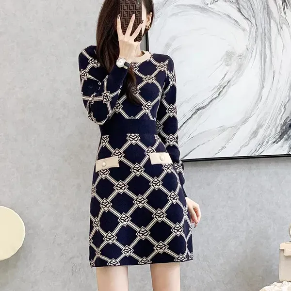 Thumbnail of Elegant Geometric Pattern Long Sleeves Knit Dress