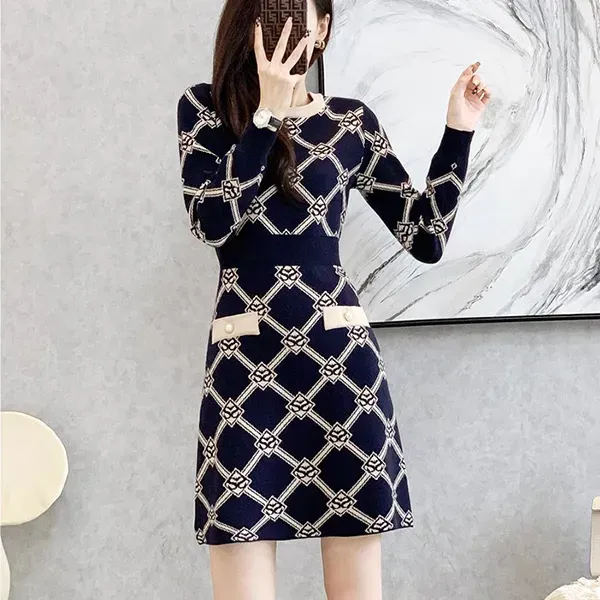 Elegant Geometric Pattern Long Sleeves Knit Dress