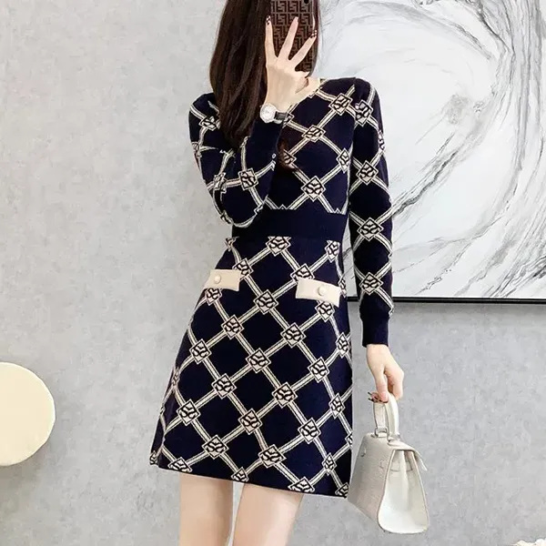 Thumbnail of Elegant Geometric Pattern Long Sleeves Knit Dress