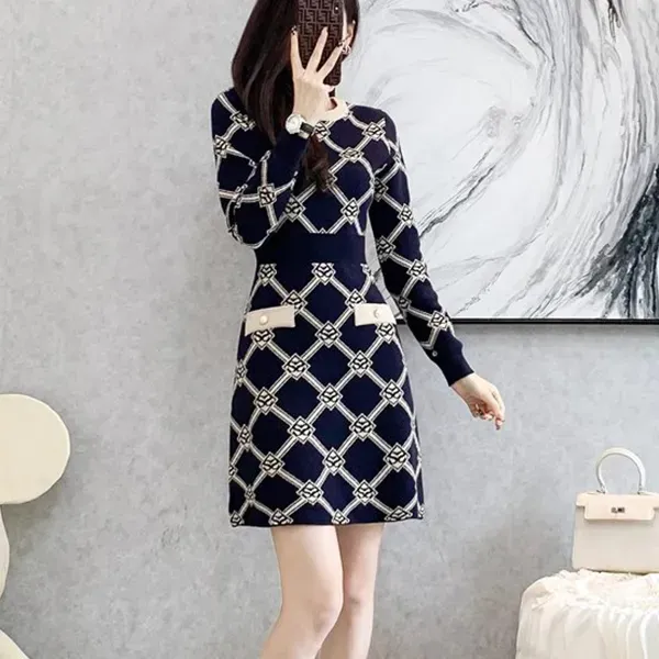 Thumbnail of Elegant Geometric Pattern Long Sleeves Knit Dress