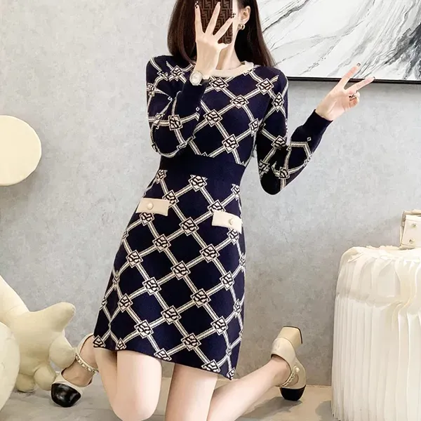 Thumbnail of Elegant Geometric Pattern Long Sleeves Knit Dress