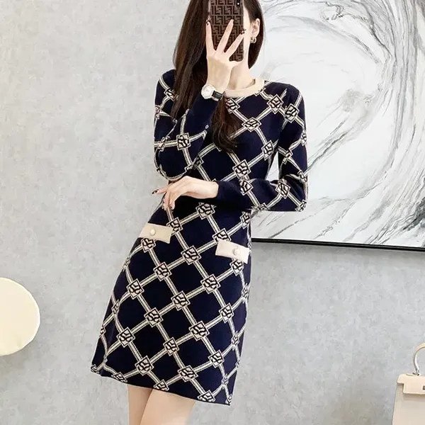 Thumbnail of Elegant Geometric Pattern Long Sleeves Knit Dress