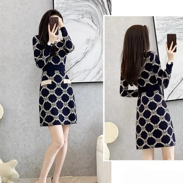 Elegant Geometric Pattern Long Sleeves Knit Dress