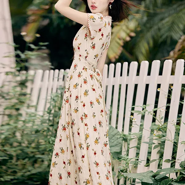 Floral Print Wrap V Neck Maxi Dress With Short Sleeves