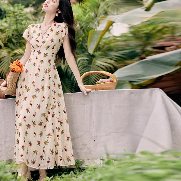 Floral Print Wrap V Neck Maxi Dress With Short Sleeves