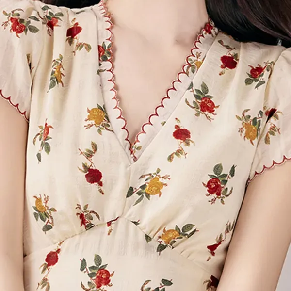 Floral Print Wrap V Neck Maxi Dress With Short Sleeves