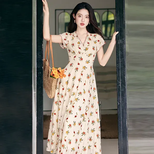 Thumbnail of Floral Print Wrap V Neck Maxi Dress With Short Sleeves