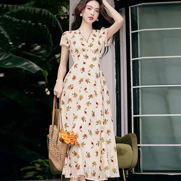 Floral Print Wrap V Neck Maxi Dress With Short Sleeves