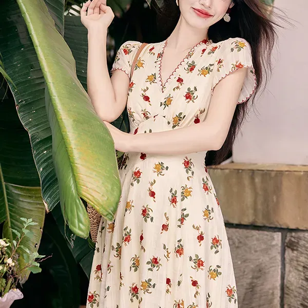 Thumbnail of Floral Print Wrap V Neck Maxi Dress With Short Sleeves