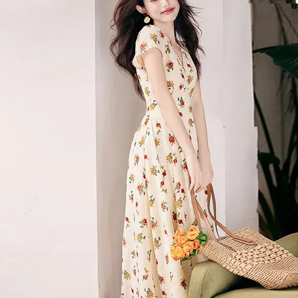 Thumbnail of Floral Print Wrap V Neck Maxi Dress With Short Sleeves
