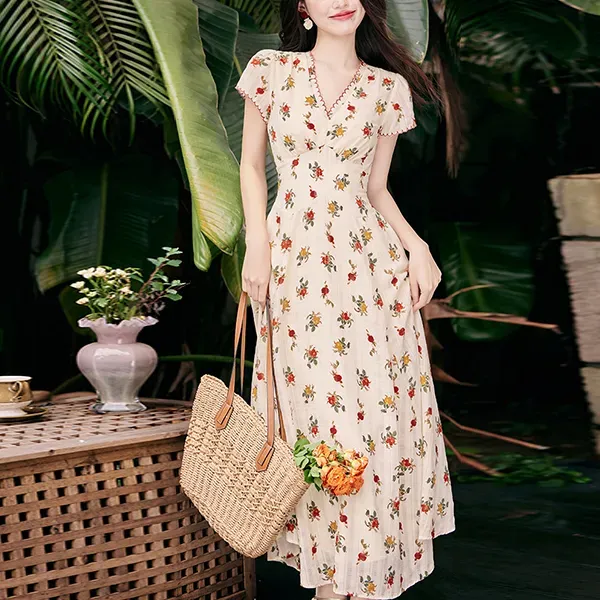 Thumbnail of Floral Print Wrap V Neck Maxi Dress With Short Sleeves