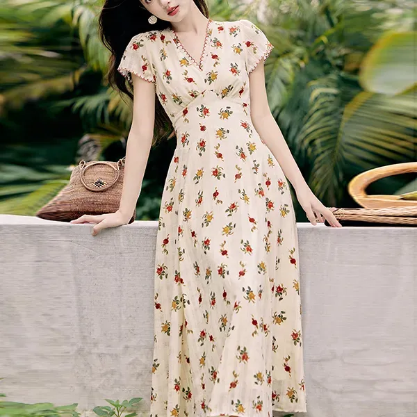 Thumbnail of Floral Print Wrap V Neck Maxi Dress With Short Sleeves