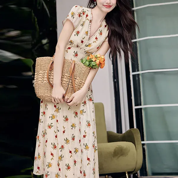 Floral Print Wrap V Neck Maxi Dress With Short Sleeves