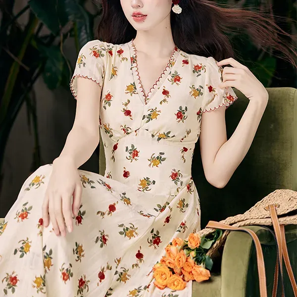 Floral Print Wrap V Neck Maxi Dress With Short Sleeves
