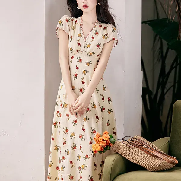 Floral Print Wrap V Neck Maxi Dress With Short Sleeves