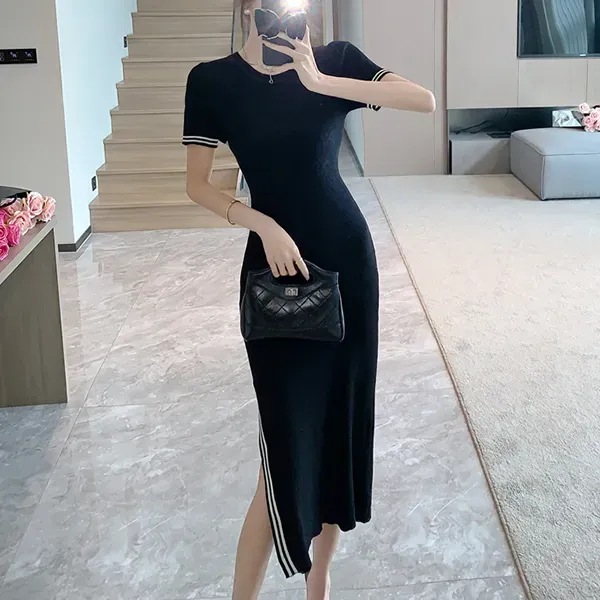 Thumbnail of Side Stripe Short Sleeve Knit Midi Dress