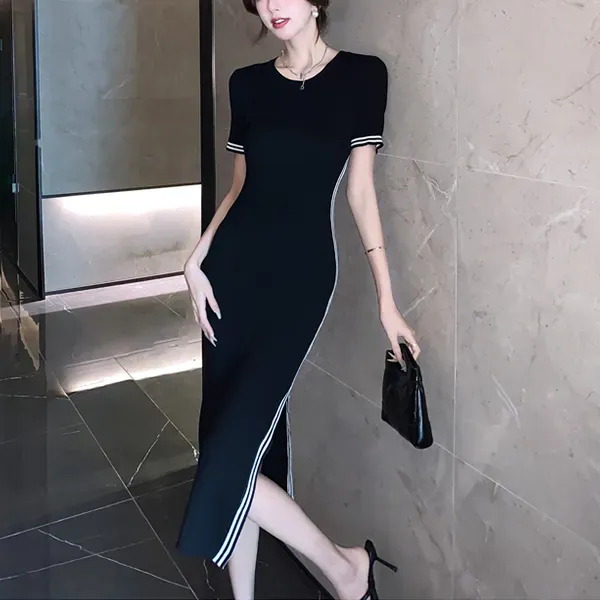 Thumbnail of Side Stripe Short Sleeve Knit Midi Dress