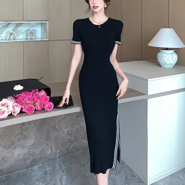 Thumbnail of Side Stripe Short Sleeve Knit Midi Dress