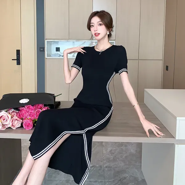 Thumbnail of Side Stripe Short Sleeve Knit Midi Dress