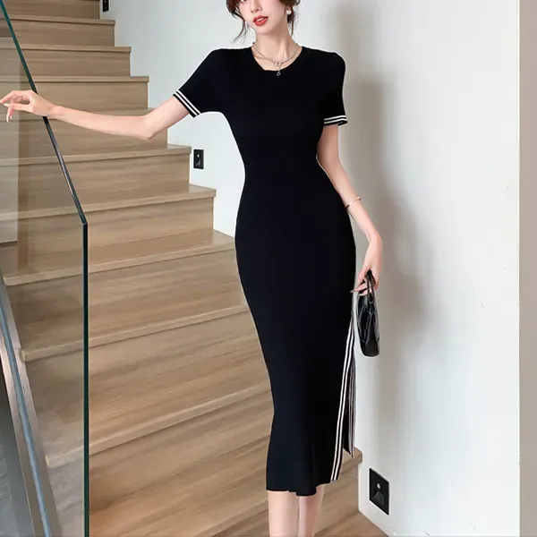 Side Stripe Short Sleeve Knit Midi Dress