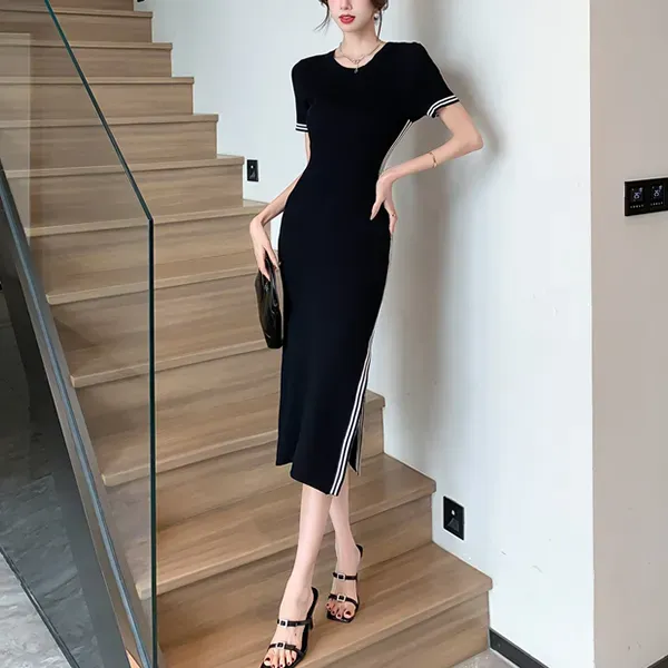 Thumbnail of Side Stripe Short Sleeve Knit Midi Dress