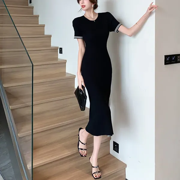 Side Stripe Short Sleeve Knit Midi Dress