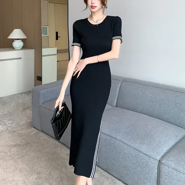 Side Stripe Short Sleeve Knit Midi Dress