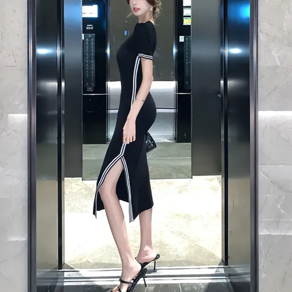 Side Stripe Short Sleeve Knit Midi Dress