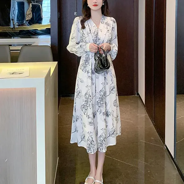 Floral Print Long Sleeve V-Neck Midi Dress For Women