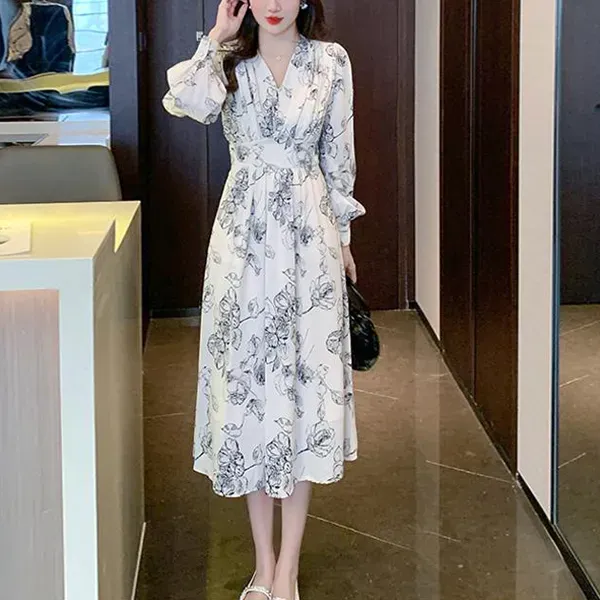 Floral Print Long Sleeve V-Neck Midi Dress For Women