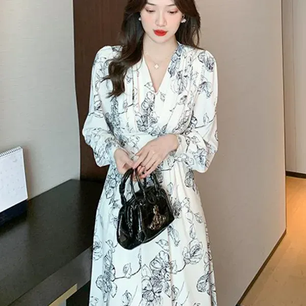 Floral Print Long Sleeve V-Neck Midi Dress For Women