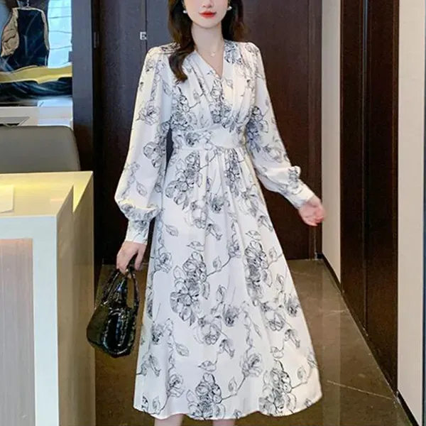 Thumbnail of Floral Print Long Sleeve V-Neck Midi Dress For Women