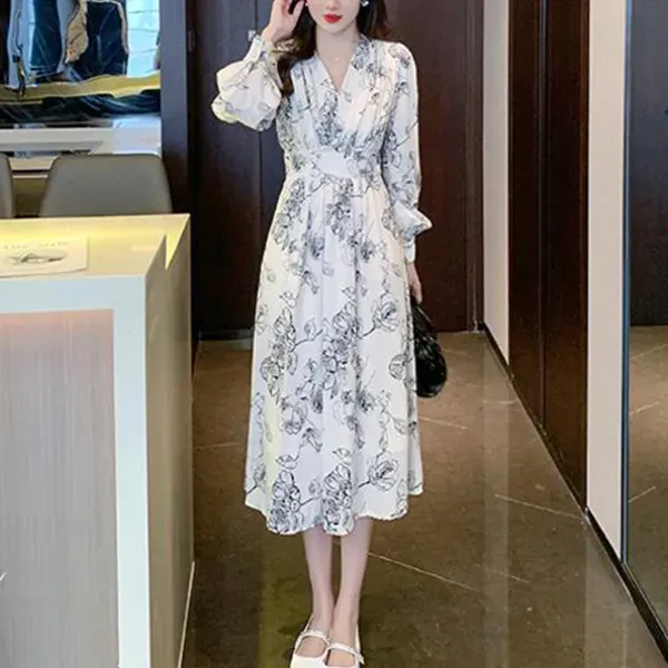 Floral Print Long Sleeve V-Neck Midi Dress For Women