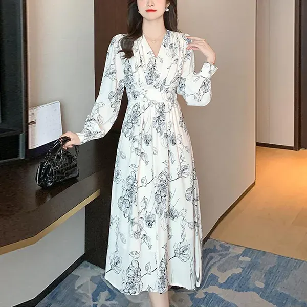 Floral Print Long Sleeve V-Neck Midi Dress For Women