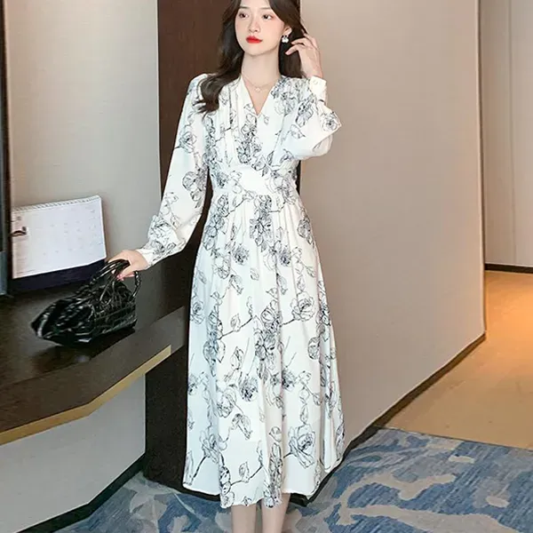 Floral Print Long Sleeve V-Neck Midi Dress For Women