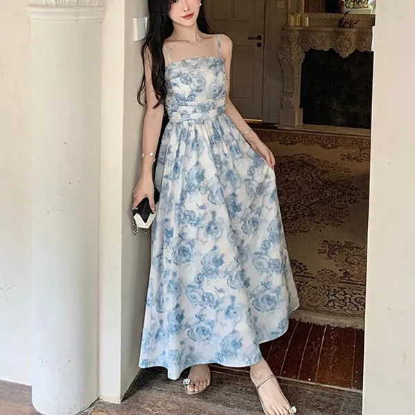 Elegant Floral Pattern Spaghetti Strap Sleeveless Maxi Dress