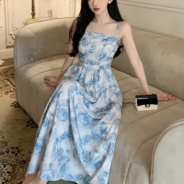 Elegant Floral Pattern Spaghetti Strap Sleeveless Maxi Dress