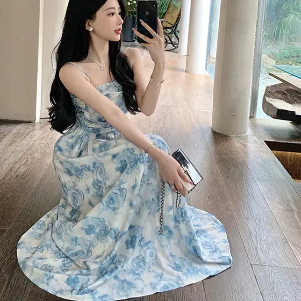 Elegant Floral Pattern Spaghetti Strap Sleeveless Maxi Dress