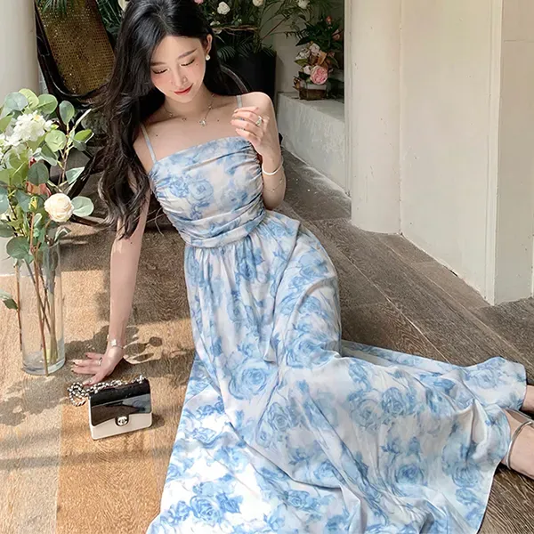 Thumbnail of Elegant Floral Pattern Spaghetti Strap Sleeveless Maxi Dress